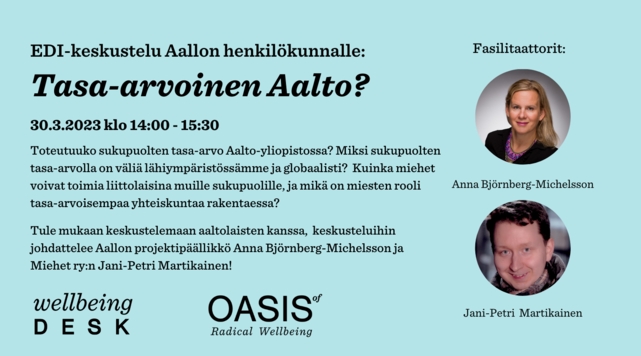 Tasa-arvoinen Aalto? -tapahtuma 30.3. alustamassa Jani-Petri Martikainen ja Anna Björnberg-Michelsson