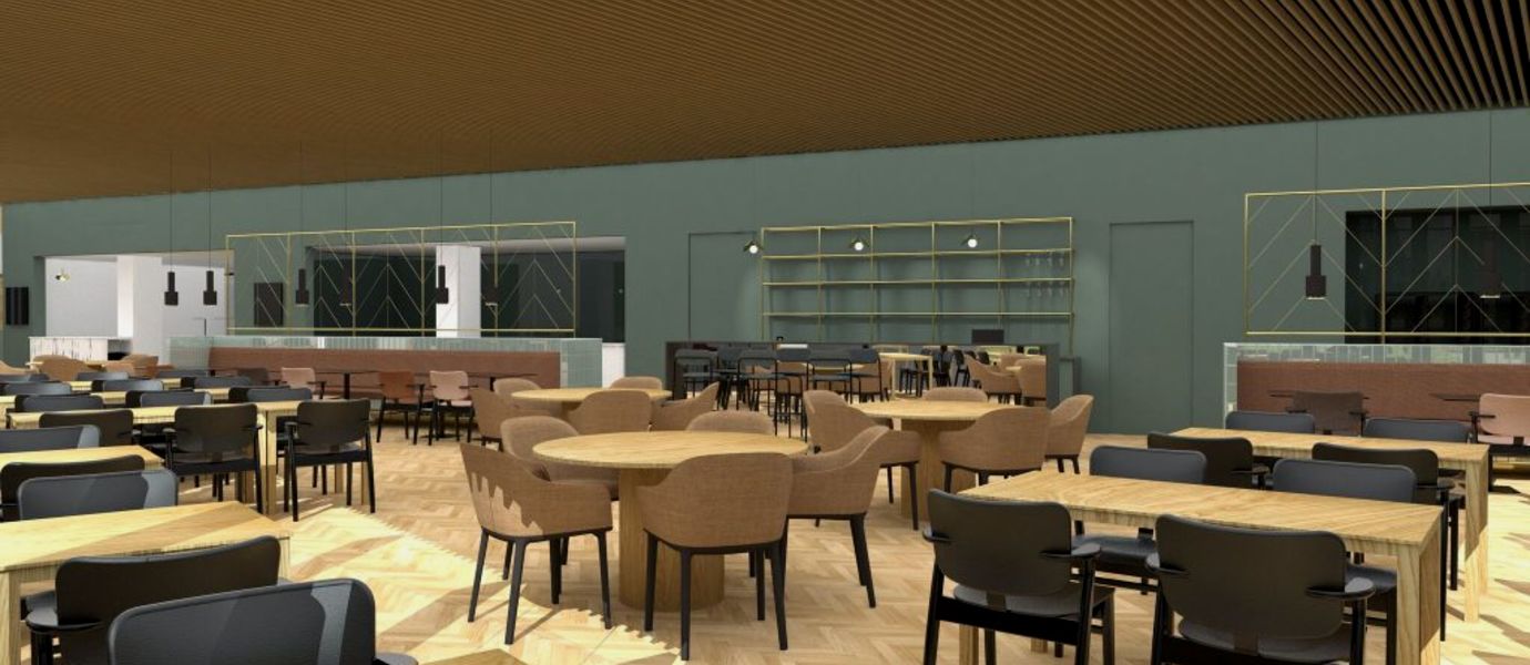 Kuvassa näkyy Kauppakorkeakoulun uuden rakennuksen Arvo-ravintola.