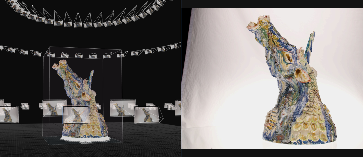 Unicorn 3D model generated by Reality Capture on the left; Each rectangular box shows a photograph captured from a different angle. A sample photograph taken from the same viewpoint as the 3d model is shown on the right.