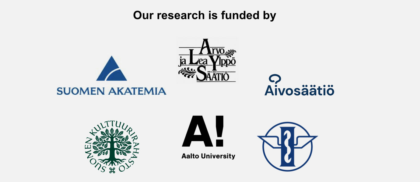 logo wall with Finnish cultural foundation, Brain research foundation, Aalto University, Instrumentarium and Arvo and Lea Ylppö Foundation logos