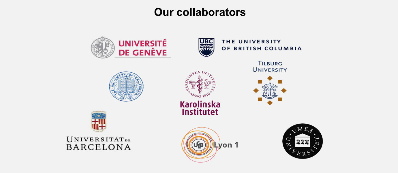 logo wall of our collaborators: University of Geneva, The University of British Colombia, Karolinska Institute, Lyon University, University of Barcelona, Umea University, and Tilburg University