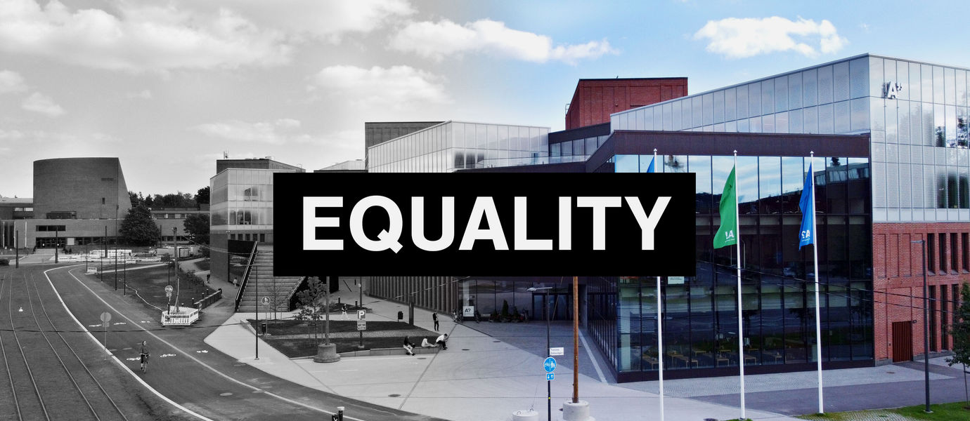 The picture shows the School of Business with a white text "equality" in a black box in the middle of the picture. 