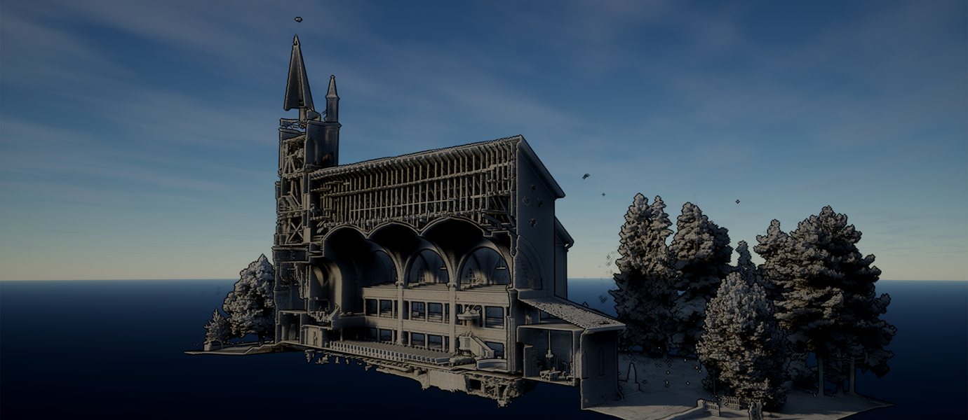 3D-malli Ylistaron kirkosta. Malli on väriltään ruskea, tausta sininen. Kirkon vieressä on myös laserkeilattuja puita.