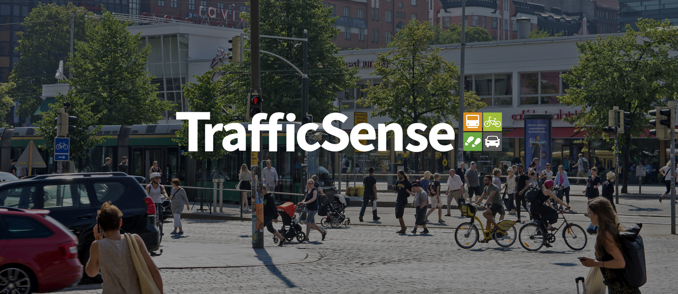Traffic scene from Helsinki with the TrafficSense logo