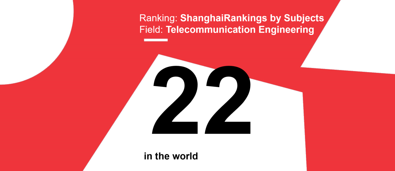 Graphic image of ShanghaiRankings 2019 with white and red background, text on the picture Telecommunications Engineering 22 in the world. 