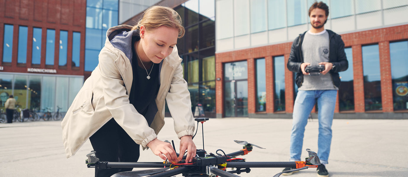 Students of Aalto University in campus area with a drone / Photo by Aalto University, Unto Rautio
