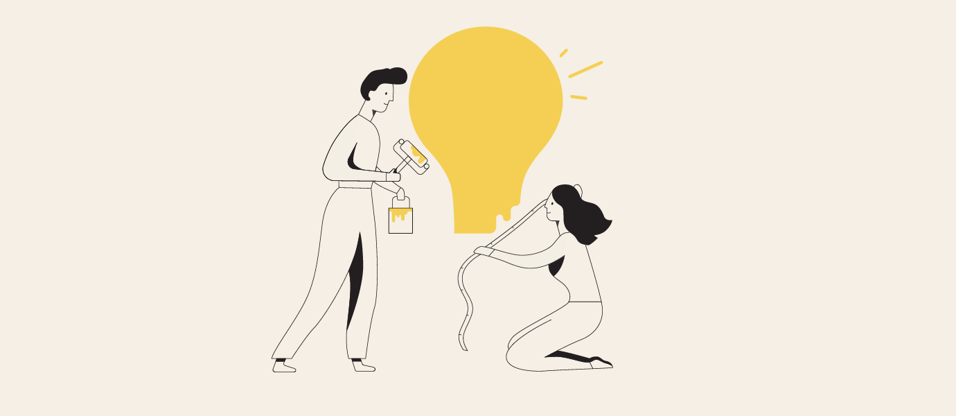 Illustration on beige background: two students painting a big yellow lightbulb.