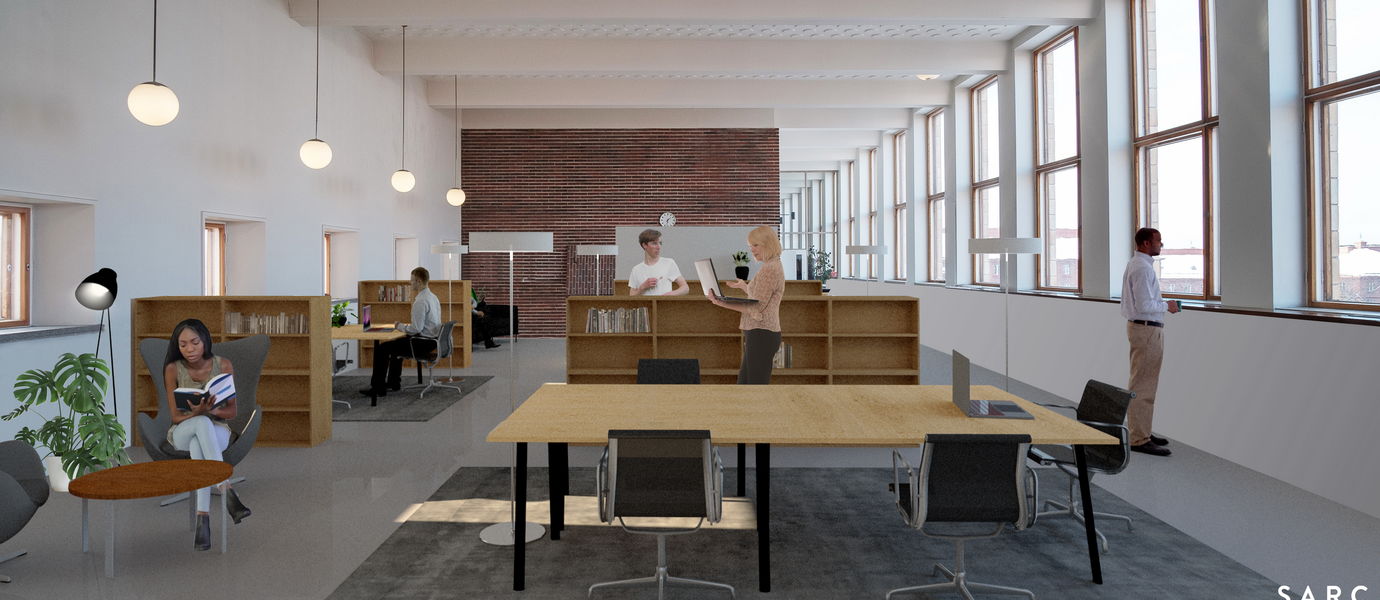 Havainnekuva toimistotilasta entisessä kirjastotilassa A-siiven viidennessä kerroksessa. Kuva: SARC Architects.
