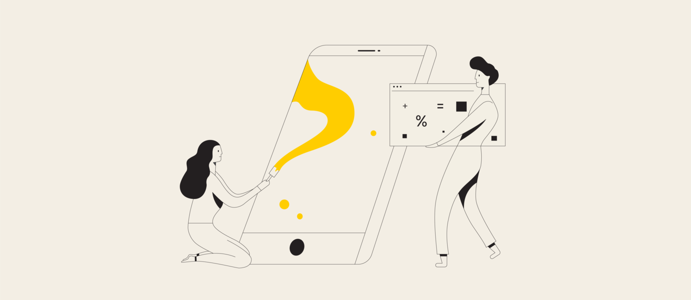 Illustration of a woman painting a big smartphone and of a man carrying a big calculator