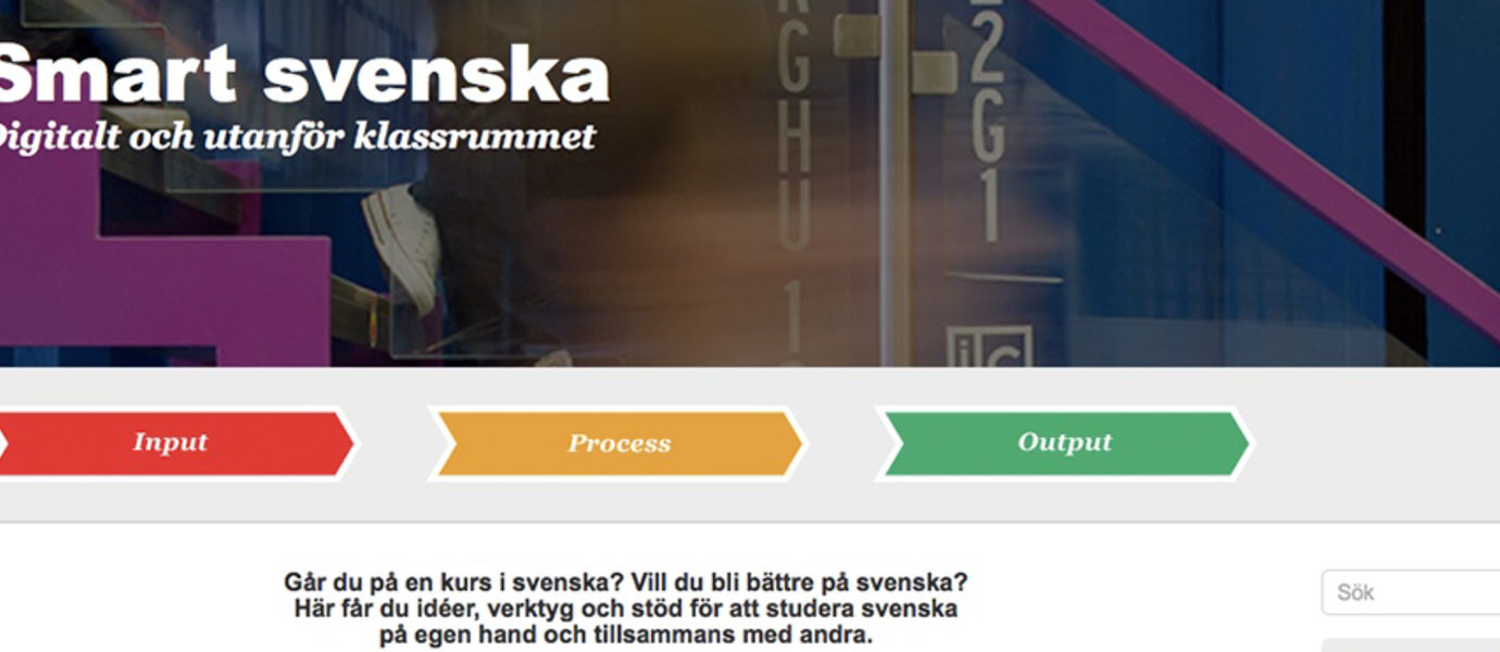Smart svenska website banner with the words "digitalt och utanfor klassrummet", "input, process, output".