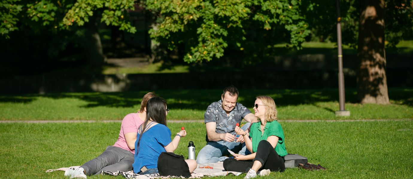 Students sitting in a park having a picnic