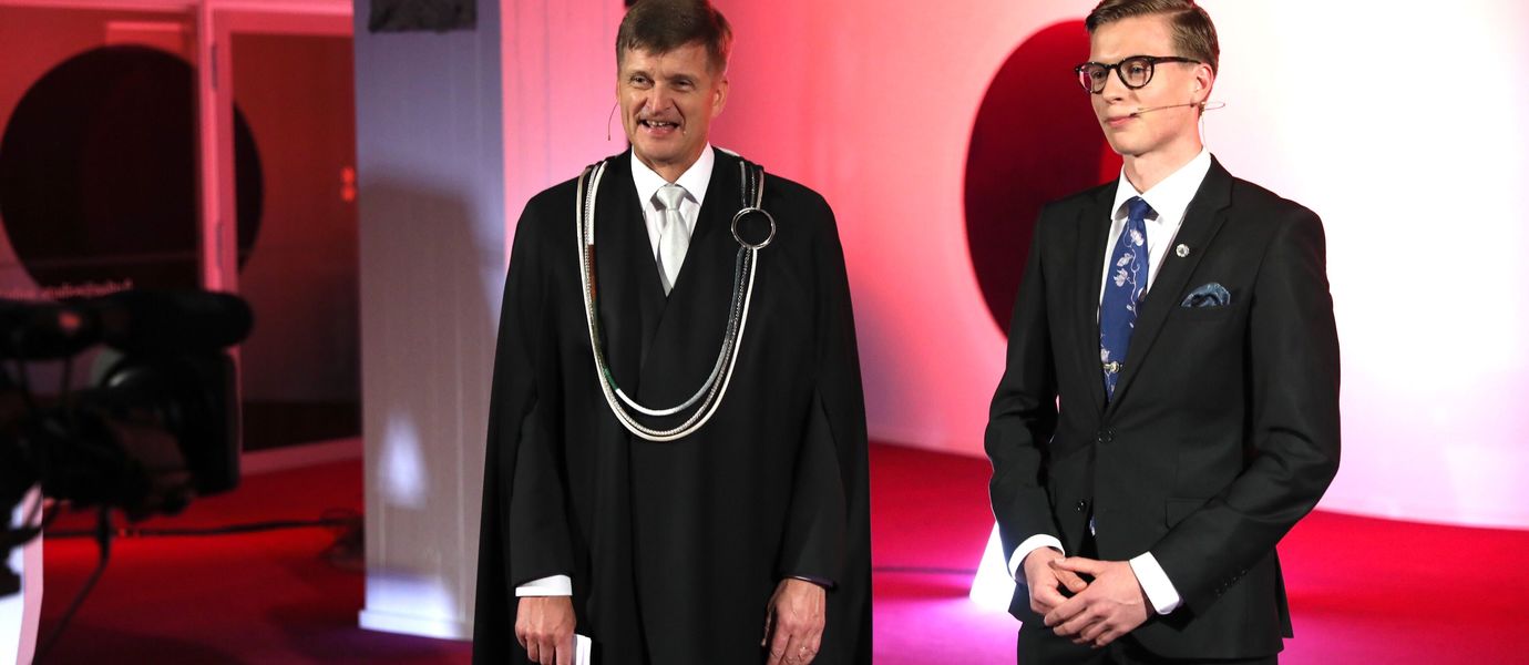 President Ilkka Niemelä and AYY chair Olli Kesseli at the Aalto Day One opening ceremony on 1 September 2020