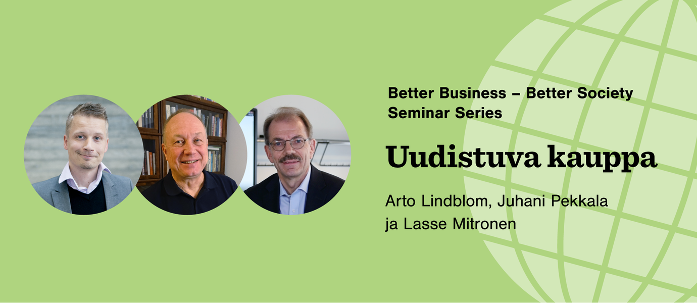 Kuvassa Arto Lindblomin, Juhani Pekkalan ja Lasse Mitrosen kuvat sekä teksti Uudistuva kauppa vihreällä taustalla