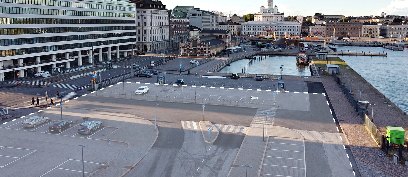 Kuvassa näkyy Guggenheim Helsinki -museon suunniteltu sijoituspaikka Helsingin keskustassa Etelärannassa. Kuvan otti Roope Kiviranta Aalto-yliopistosta. 