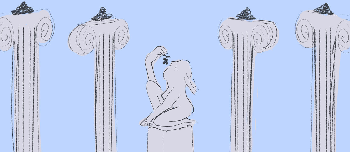 an illustration of roman pillars and a person eating grapes in the middle