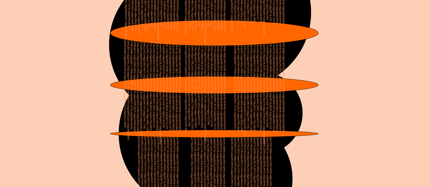 Artistic illustration for quantum software research, orange and black shapes, illustration by Matti Ahlgren
