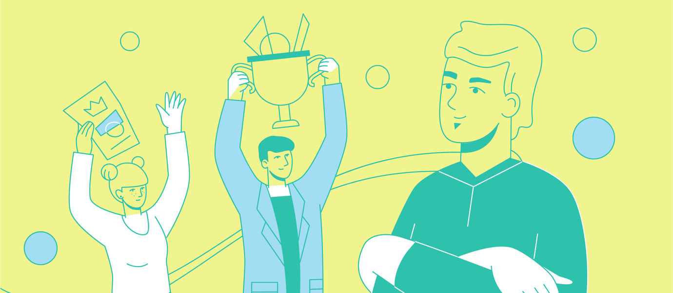 An illustration of three people, one holding a trophy, one holding a certificate and one looking at them smiling.