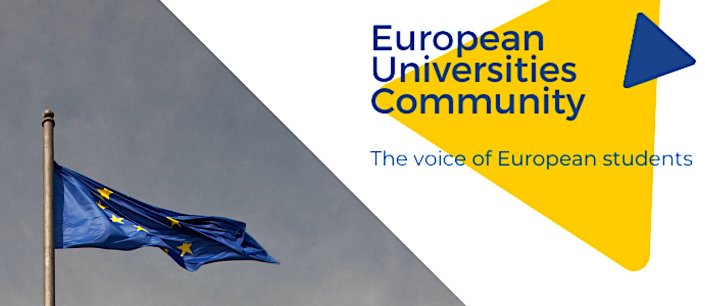 The image shows EU flag and text European Universities Community - the voice of European students.