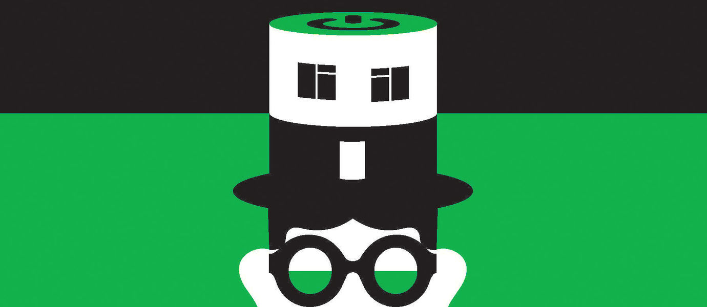 Vihreä-musta-valkoisessa piirroskuvassa on silmälasipäinen henkilöhahmo, jolla on päässään tohtorinhattu, jonka päällä on elektroniikasta tuttu virtanäppäimen symboli.