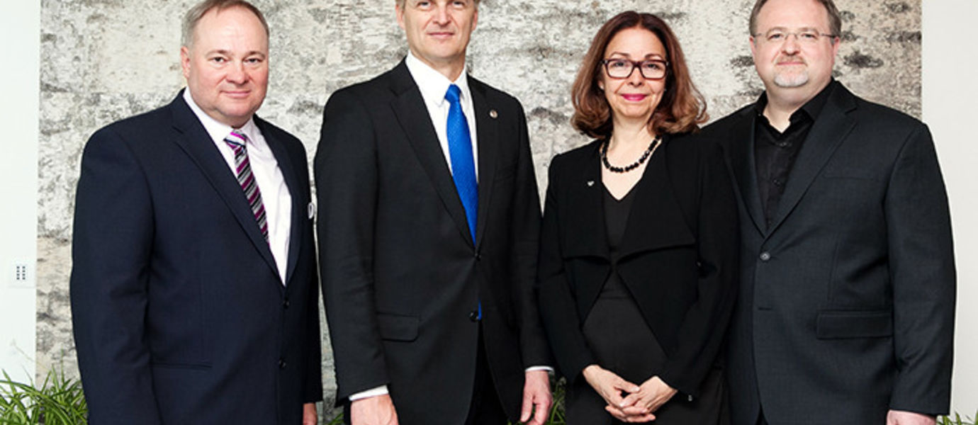 From the left: Professor Lasse Niemi, Provost Ilkka Niemelä, Professors Lily Díaz and Toni Kotnik. Photo Aino Huovio. 
