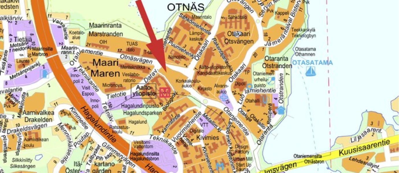 Kartta Kauppakorkeakoulun sijainnista Otaniemessä.