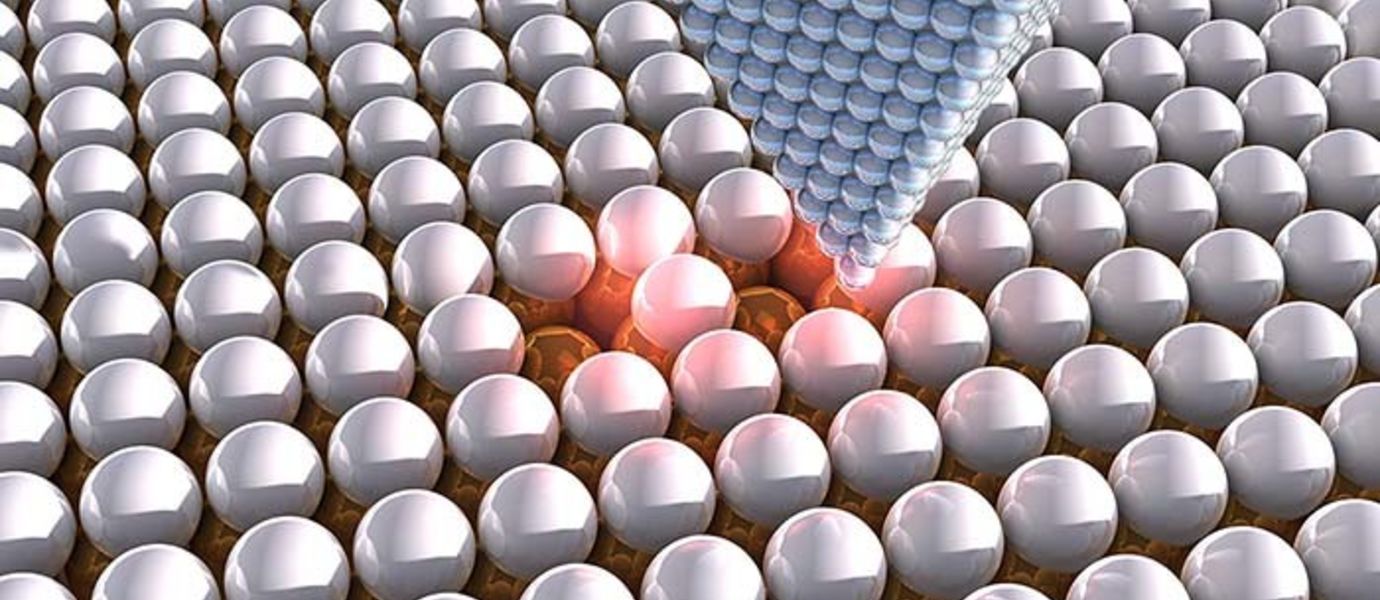 The tip of a scanning tunnelling microscope (STM) above chlorine atoms that have been deliberately moved. By moving individual atoms under their microscope, scientists were able to arrange vacancies in a single layer of chlorine atoms and create atomic lattices with a predetermined electrical response. Photo Ella Maru Studio.