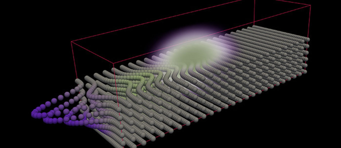 Kiteen läpi etenevän valon optinen voima synnyttää atomisen massatiheysaallon. Kuva: Jyrki Hokkanen, CSC.