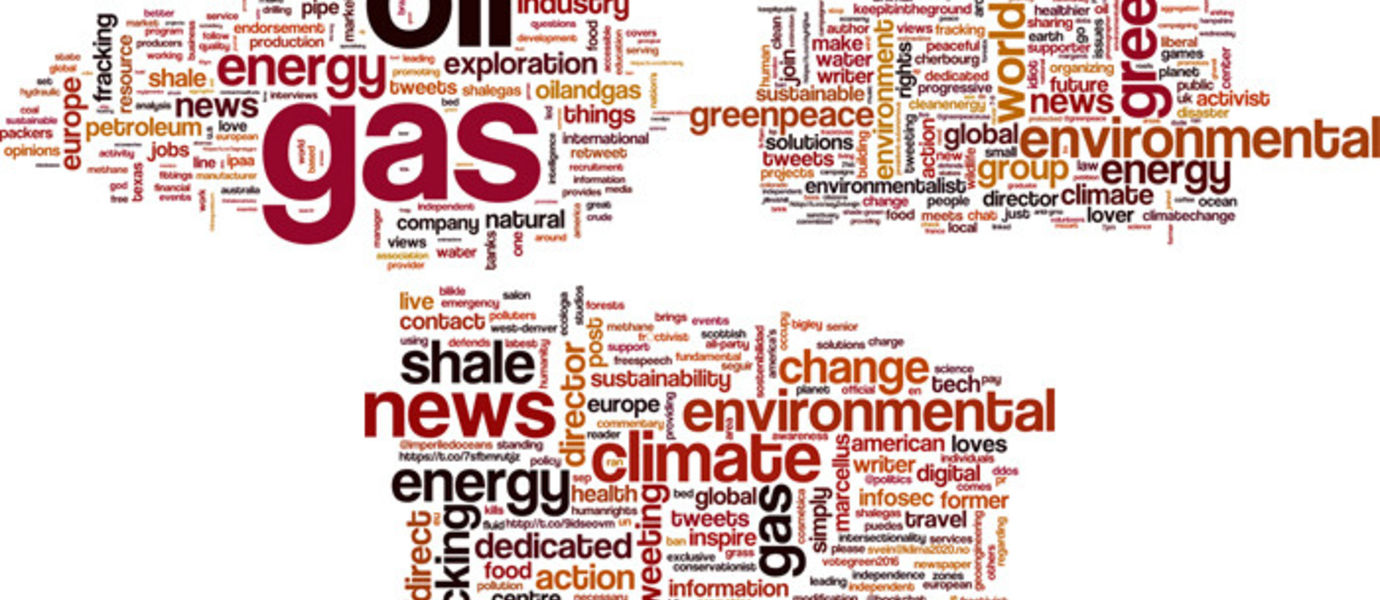 Fracking has two circles of users talking among themselves, strengthening their conflicting campaigns. The third word cloud represents the words used by the selected influential users. Picture: Kiran Garimella.
