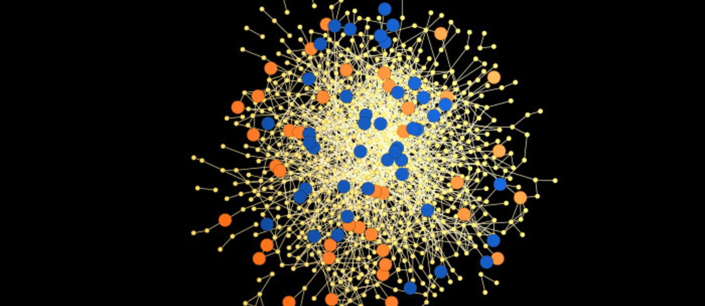 Yökukkujat (siniset) ovat keskeisempiä sosiaalisissa verkostoissaan kuin aamuvirkut (oranssit). Jokainen piste kuvaa yhtä ihmistä ja viivat vuorovaikutusta (puheluita) heidän välillään.