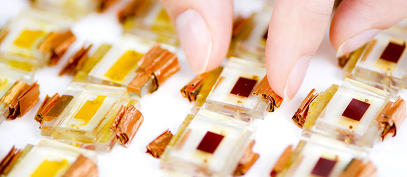 In studies on the ageing of perovskite solar cells and the dye cells in the picture, a sufficiently large number of samples is one of the prerequisites for quality. Photo: Valeria Azovskaya, Materials Platform, Aalto University.