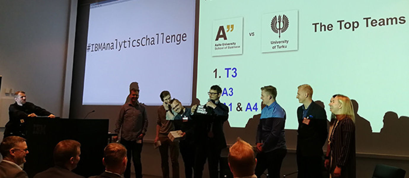 The two top teams, Team Aalto on the left and a team representing Turku School of Economics on the right. Jukka Ruponen from IBM on the extreme left and post doc researcher Jani Merikivi in the middle. This time TSE won the extremely tough and well-matched competition. Congrats to Turku!
