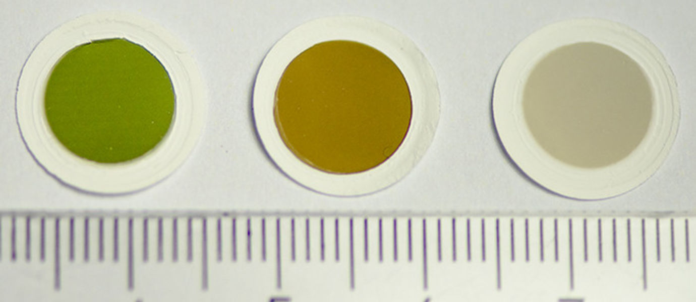 Samples of the colourful carbon nanotube thin films, as produced in the fabrication reactor. Image: Aalto University.