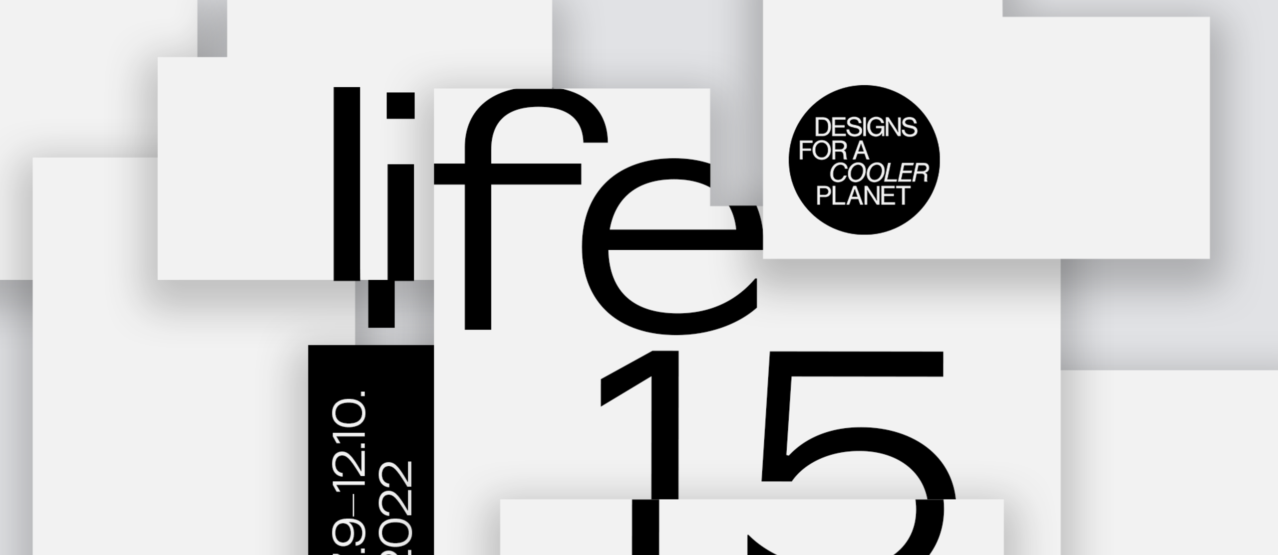 Life 1.5 with black font and Designs for a Cooler Planet logo on white, fragmented background. 