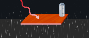 An illustration showing a nano-strip of copper being bombarded by photons, with a thermometer measuring its heat
