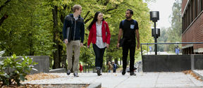 Three students walking on campus on sunny day