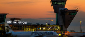 Helsinki Airport and the traffic control tower at night. Photo: Finavia Image bank