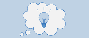 Light blue rectangle with i thought bubble with a lit light bulb