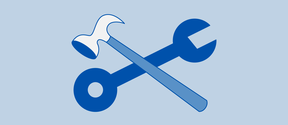 Light blue rectangle with crossed hammer and wrench in blue