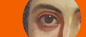 taidemaalauksesta poimittu yksityiskohta ihmisen silmästä on rajattu ympyräksi oranssilla pohjalla