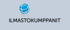 Ilmastokumppanit Logo. Black text on a grey background with a blue globe icon with arrows inside of the globe.