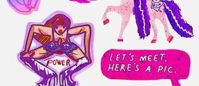 a colorful drawing depicting a fruit, a Black mermaid, a hairy person in underwear and boots, an orchid, a rainbow-colored blob, high heels, a person with a flower growing from their armpit, a unicorn, a person with long hair squatting in boots and text "power" reading in between their legs, a quote saying "let's meet. here's a pic"
