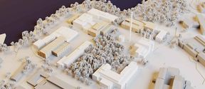 Illustration aerial image of Aalto Works block, in beige and white, with the new buildings in natural wood colour