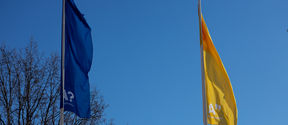 Blue and yellow Aalto University flags