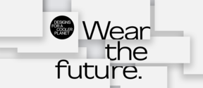 Black font stating "Wear the future." and Designs for a Cooler Planet logo on a white, fragmented background.