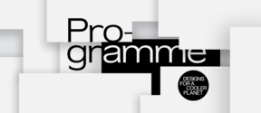 Programme in black and white font, on black and white background with fragmented effect.