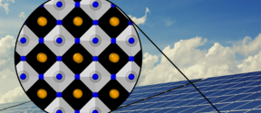 A solar panel with blue sky and a graphic showing perovskite material