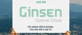 Grenoble city and the Alps in the background. Hands holding a sign inviting students to apply to GINSEN summer school. 