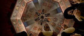 Illustration on the Interactive diorama work, looking up to a dome and showing  men dressed up in historical style