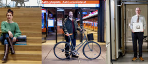 Three images showing the professors. On the left, İdil Gaziulusoy is sitting on a staircase with a pile of books. In the center, Miloš Mladenović is standing with his bike at the Aalto University metro station. On the right, Matti Hämäläinen is standing in the lab holding a square frame with a picture of a brain.