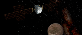 Piirroskuva luotaimesta avarauudessa ohittamassa Ganymedes-kuuta.